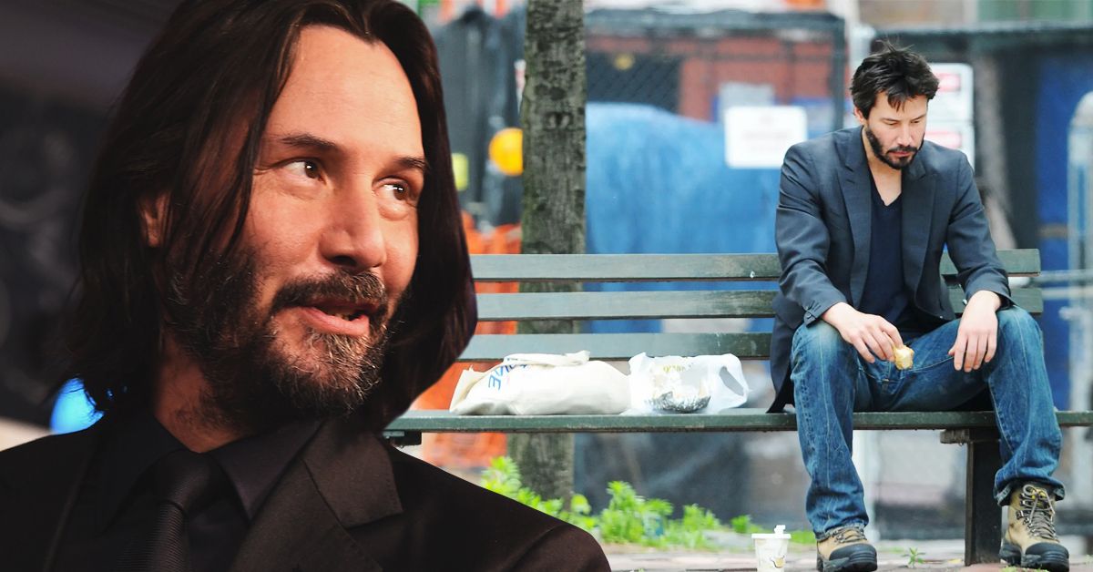 A closeup photo of Keanu Reeves in a black suit, along with a candid shot of the actor eating on a park bench