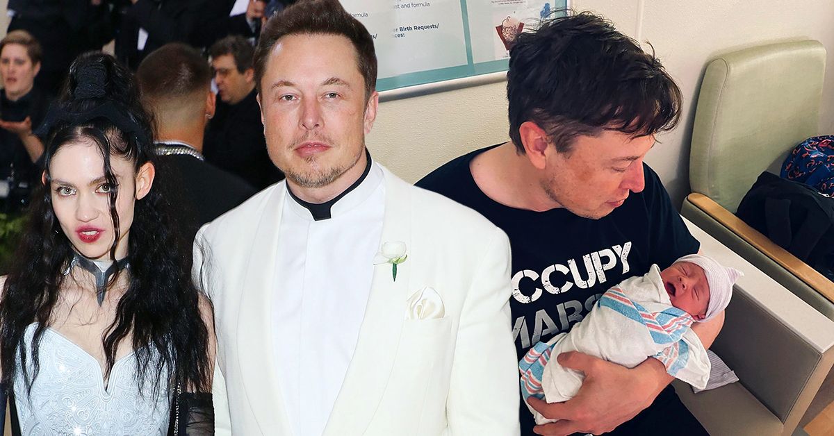 Grimes and Elon Musk wearing bright eccentric outfits at a pubic event (left), Elon Musk holding his firstborn baby (right)