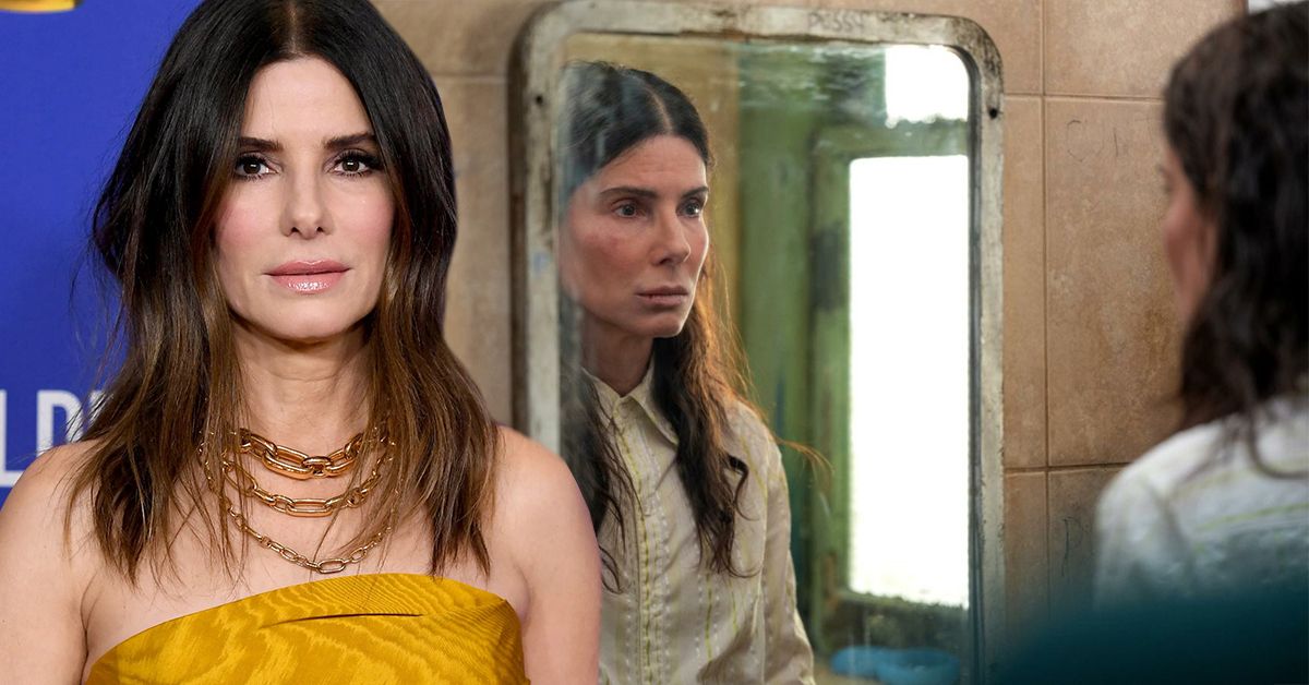 Sandra Bullock in a yellow dress at a public event (left), Sandra Bullock looking at her reflection in a dirty mirror (right)
