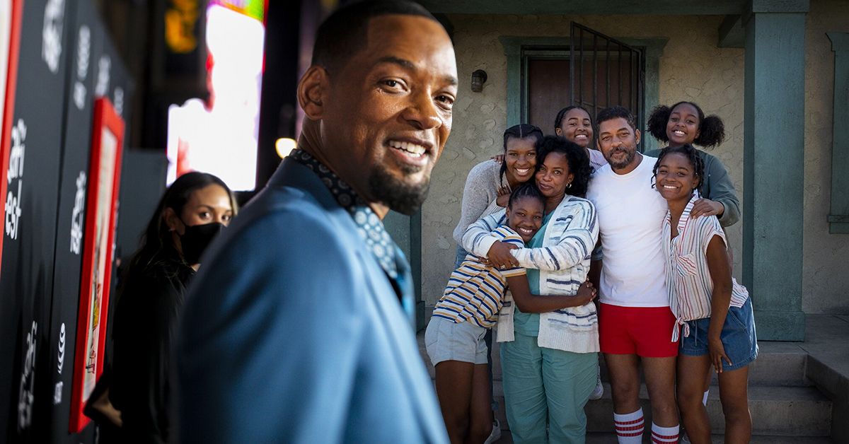 A photo of Will Smith in a blue blazer on the red carpet, along with a behind the scenes picture of 'King Richard'