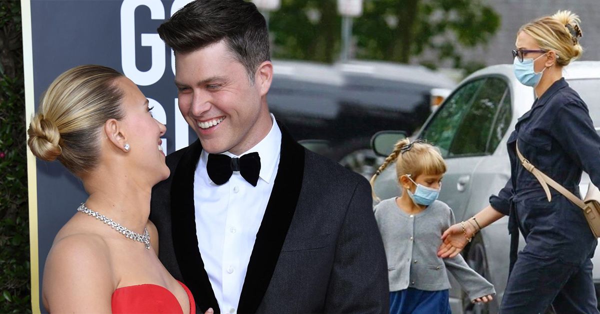 SNL star Colin Jost poses with his wife, Marvel star Scarlett Johansson (left), Scarlett Johansson's daughter Rose Dorothy Dauriac (right)