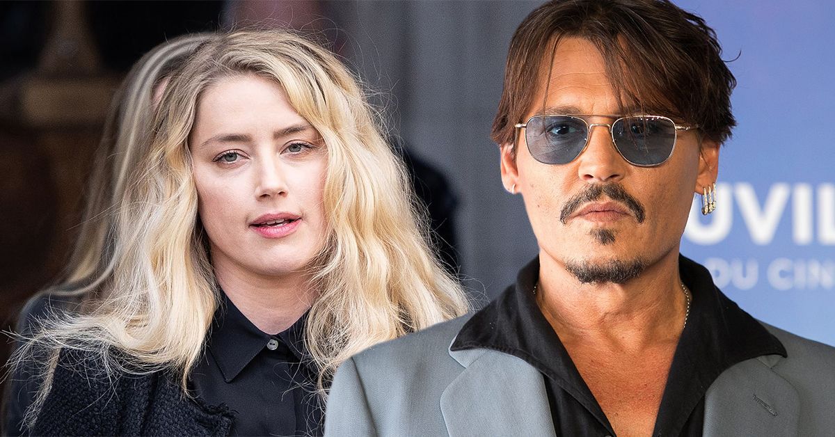 Johnny Depp frowns in a black shiurt and grey suit (right), Amber Heard looking frustrated in a black shirt (right)