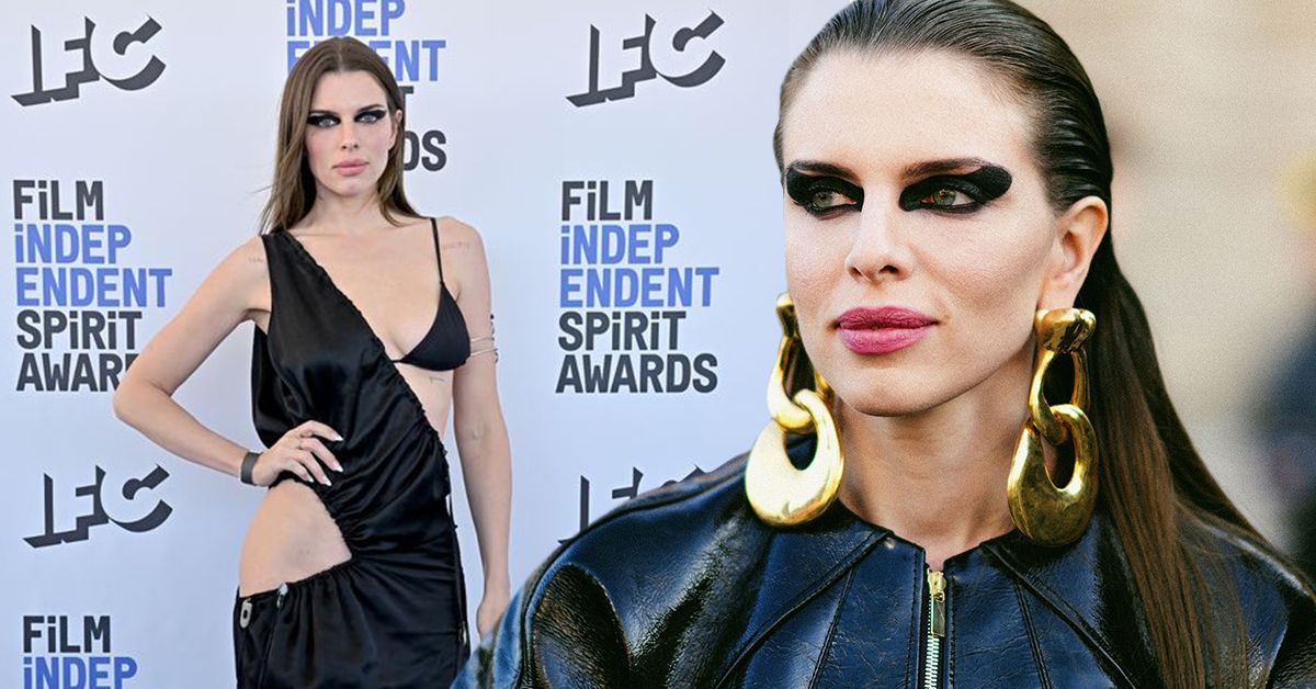 Julia Fox in a black cut-out dress at the Independent Spirit Awards (left), Julia Fox wearing a black leather jacket giant earrings (right)