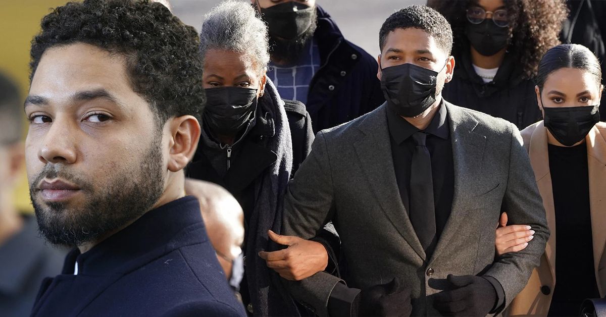 Jussie Smollet in a black suit staring from the side (left), Jussie Smollet wearing a black cotton mask and a grey suit while walking and holding his family (right)