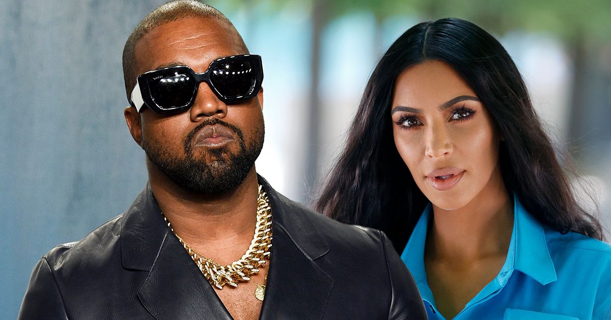 Kanye West wearing a gigantic gold necklace, black sunglasses, and a black jacket (left), Kim Kardashian staring in a blue shirt (right)