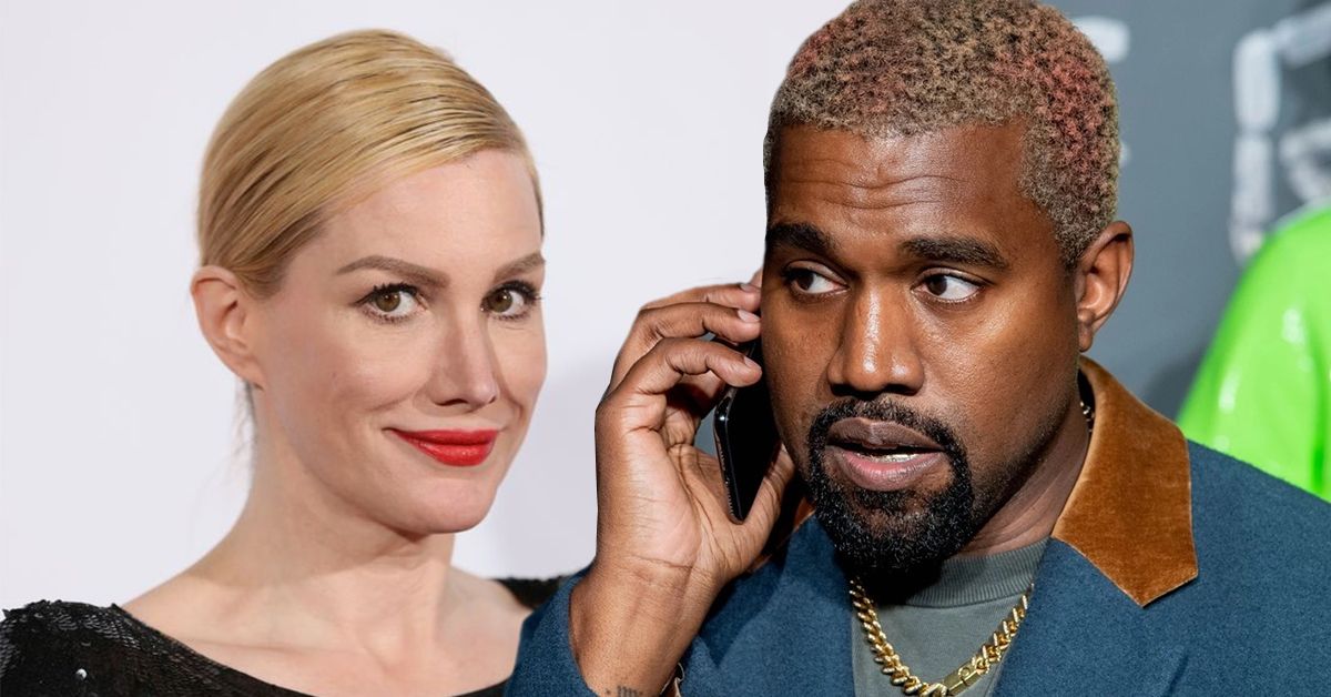 Alice Evans smiling in a black dress while tying her blonde hair and wearing red lipstick (left), Kanye West speaking on the phone in a green tshirt, golden necklace, and bue-brown jacket (right)