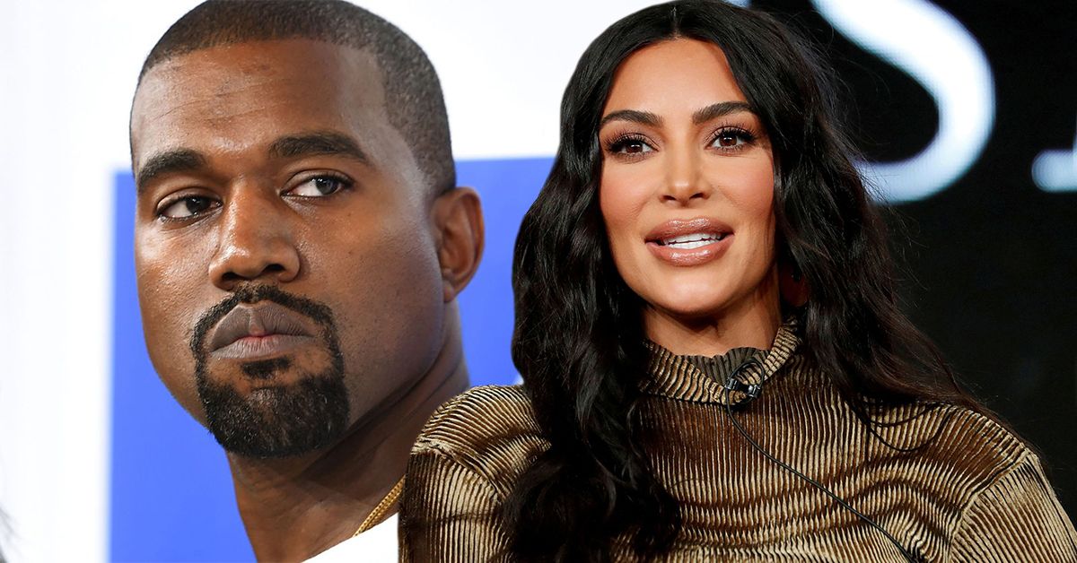Kanye West looking grumpy from the side in a white top (left), Kim Kardashian smiling on TV with a mic attached to her top (right)