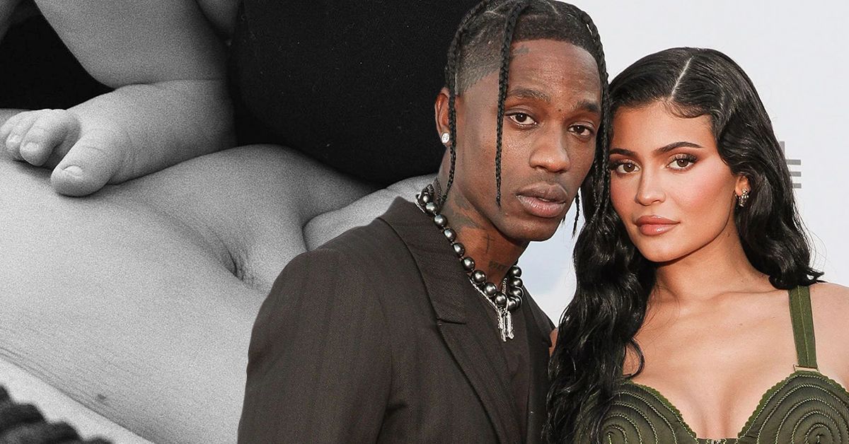 Travis Scott in a black top standing near Kylie Jenner in a green top (front), a black and white photo of Kylie Jenner's baby Wolf (back)