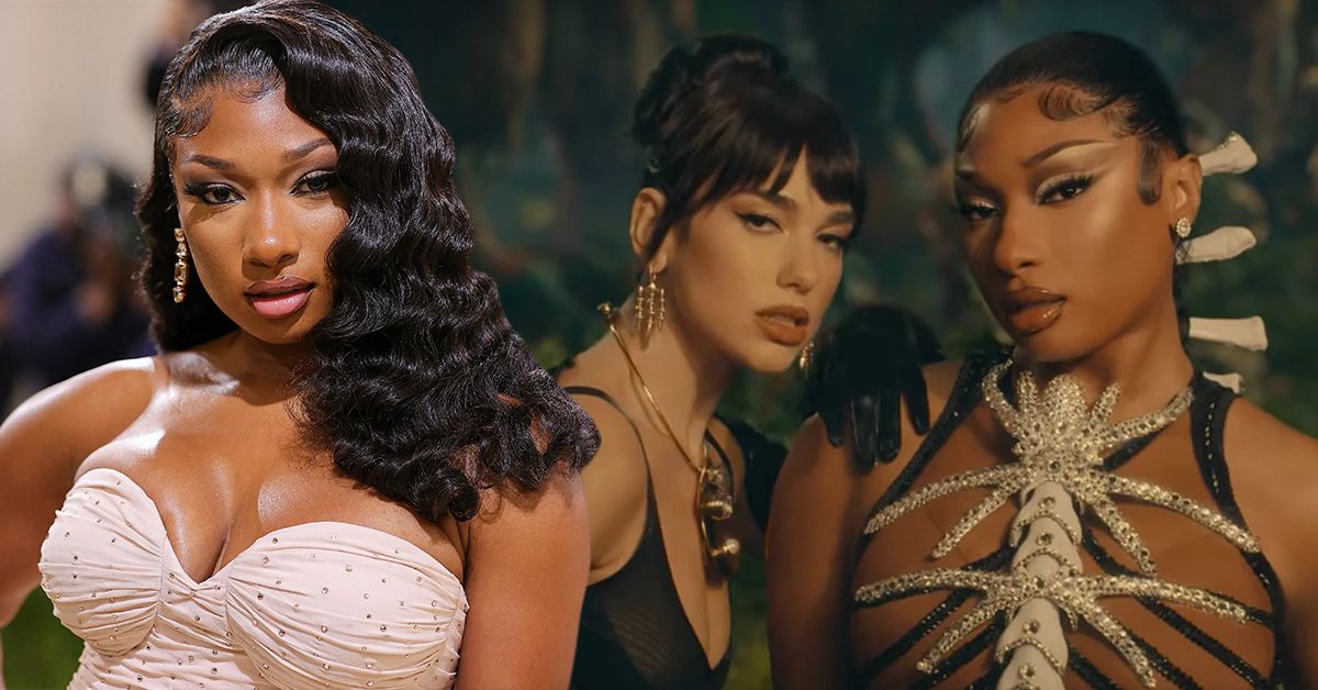 Meghan Thee Stallion in a pink dress (left), Dua Lipa resting her hand on Meghan Thee Stallion's shoulder (right)