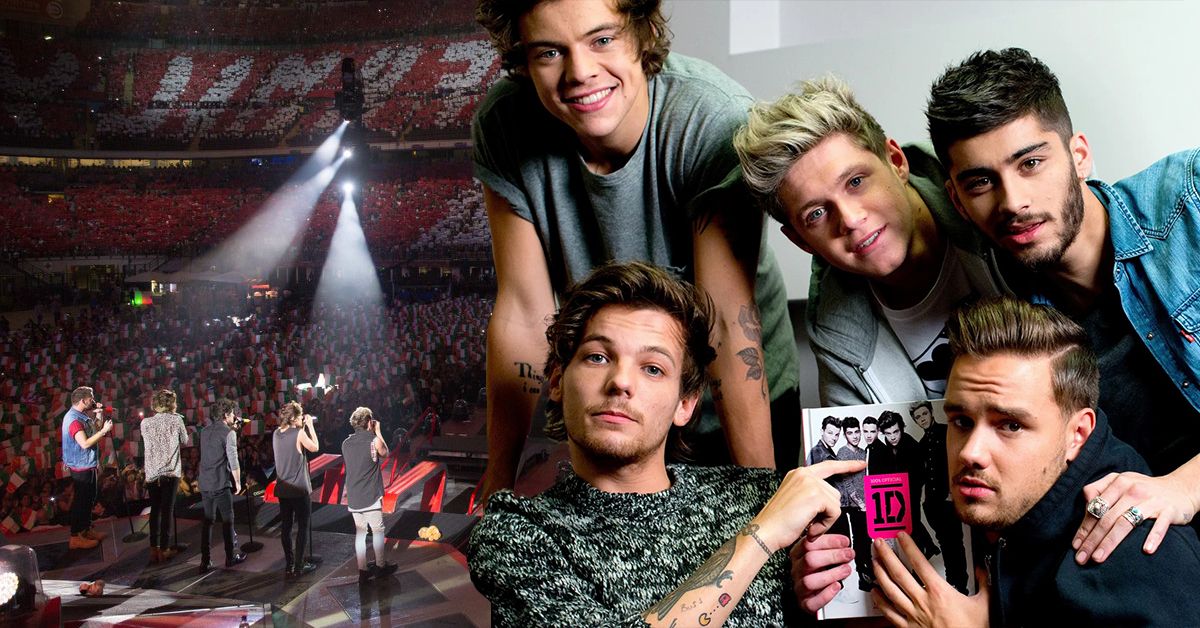 The five members of One Direction performing in a concert and posing with a book