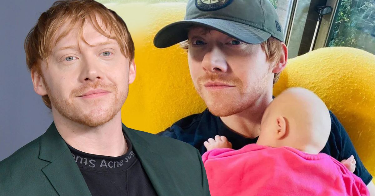 Rupert Grint smirking in a black tshirt and green suit (left), Rupert Grint holding his baby daughter in a navy tshirt and green cap (right)