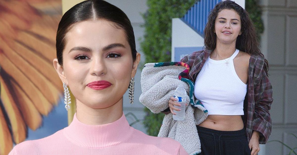 Selena Gomez wearing branch-like earrings and a pink sweater (left), Selena Gomez wearing a white top, a red shirt, and black sweatpants whiule holding her jacket and a bottle of water (right)