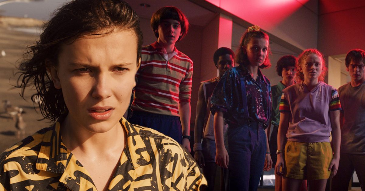 Millie Bobby Brown frowns from the light in her face in a yellow and black shirt (left), the main cast of Stranger Things in a red lit room (right)