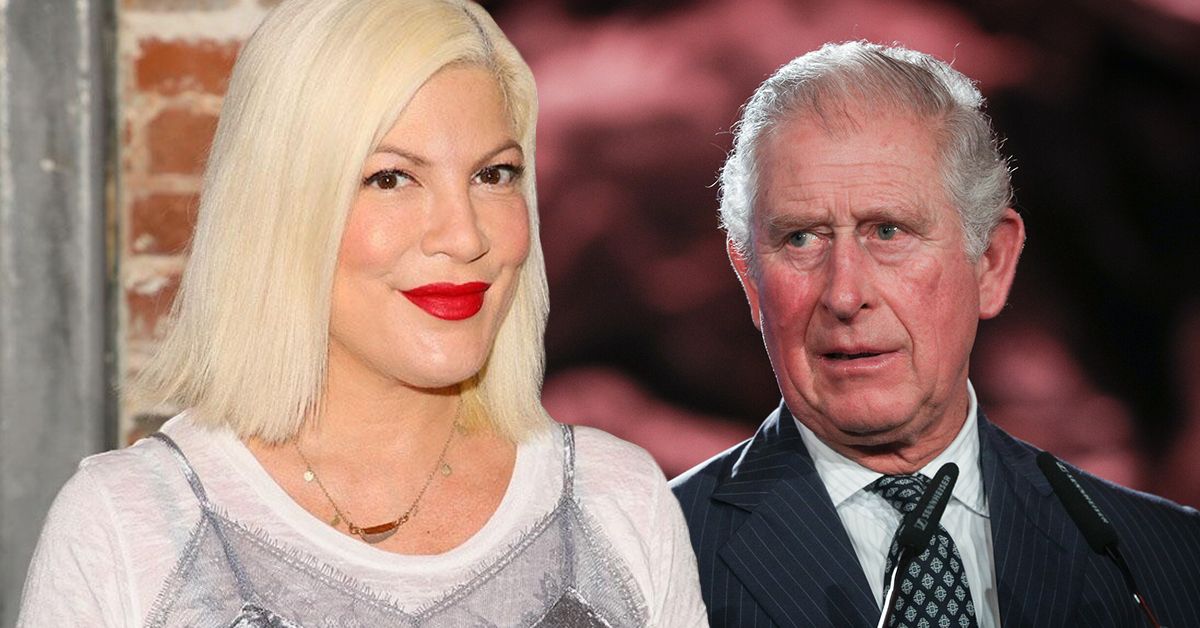 Tori Spelling smiling while wearing red lipstick and a white top (left), Prince Charles frowning in a red face and a black suit (right)
