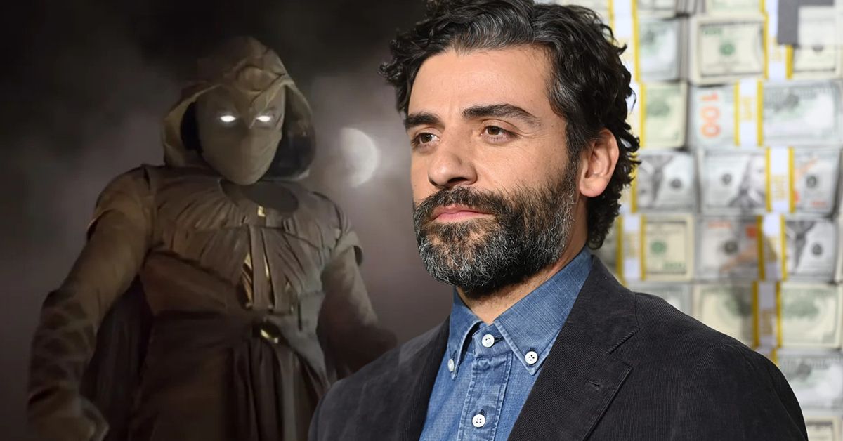 Moon Knight glows his eyes behind the moon and fog (left), Oscar Isaac wearing a jeans shirt and a black jacket (right)