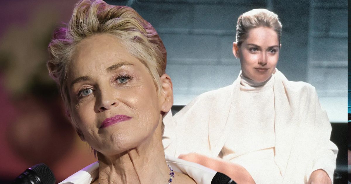 Basic Instinct Director  with purple light on her hair (left), Sharon Stone in a scene from Basic Instinct in a white outfit (right)