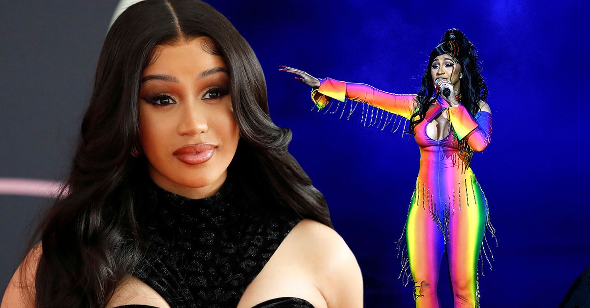 Cardi B in a chic black dress (left), Cardi B performing live in an outfit that uses LGBTQ colors (right)