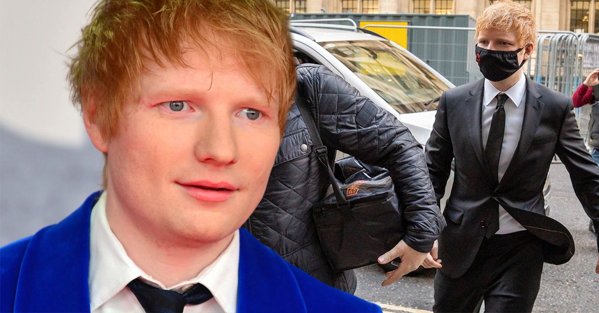 Ed Sheeran in a blue suit and white shirt (left), Ed Sheeran heads to court in a black suit and face mask (right)