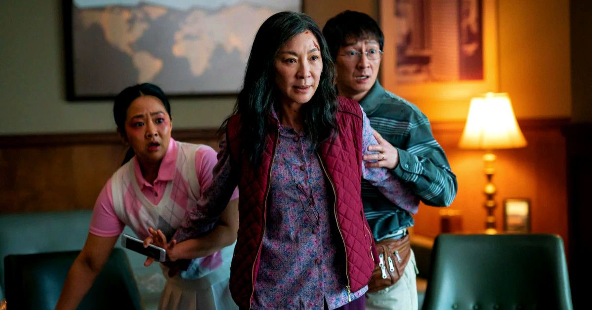 Stephanie Hsu, Michelle Yeoh and Ke Huy Quan in Everything Everywhere All At Once