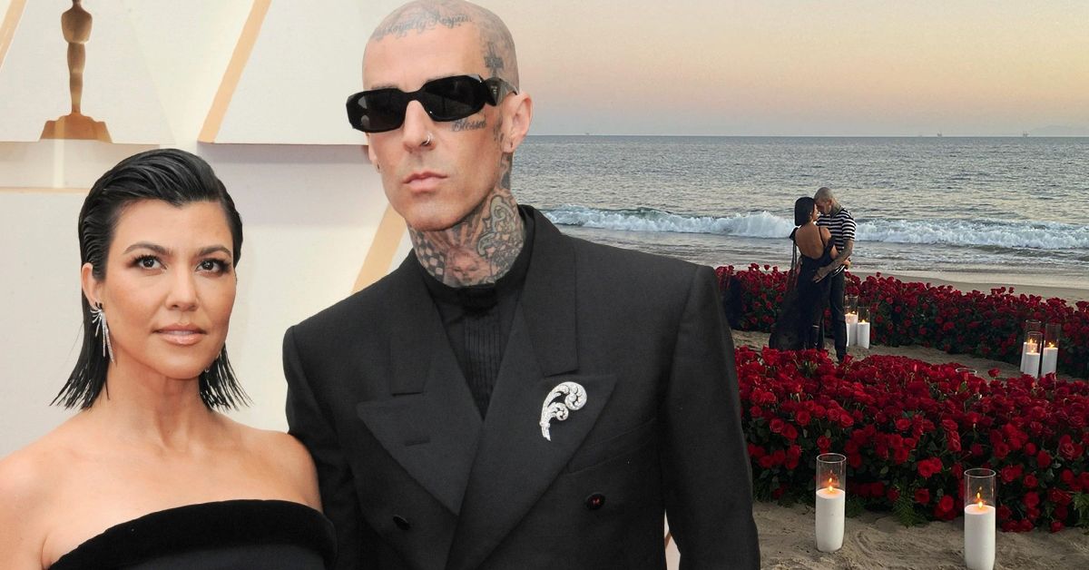 Kourtney Kardashian And Travis Barker wearing black as they stand together (left), Kourtney Kardashian And Travis Barker holding each other surrounded by roses at the beach (right)