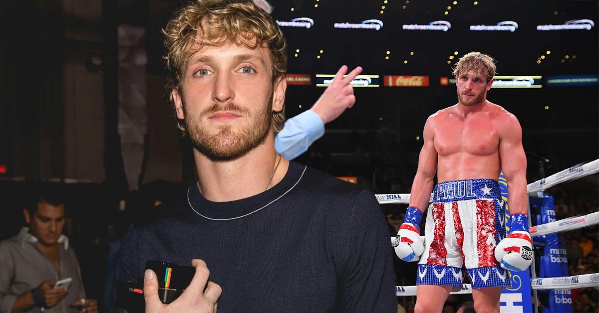 Logan Paul holding a camera in a black shirt (left), Logan Paul in a live boxing match (right)