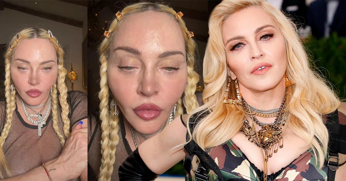 Photos posted of Madonna closeup on TikTok, along with a photo of the artist in army colors on the red carpet