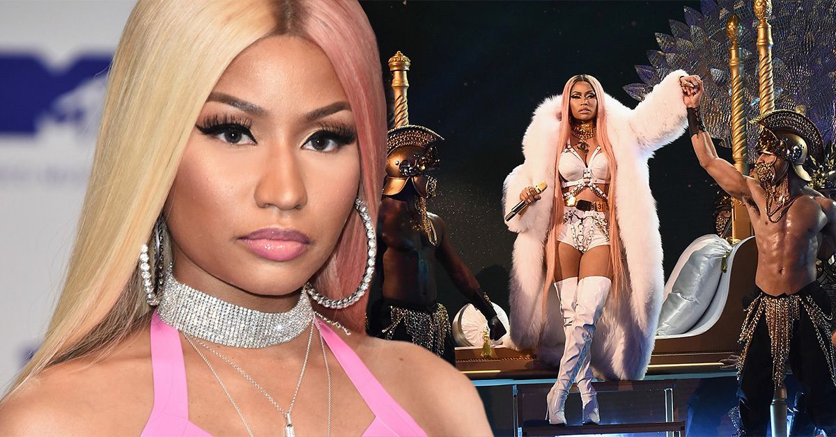 Nicki Minaj in a blue outfit wearing a diamond necklace and diamond earrings (left), Nicki Minaj performing live in a white outfit near male models in Trojan attire (right)