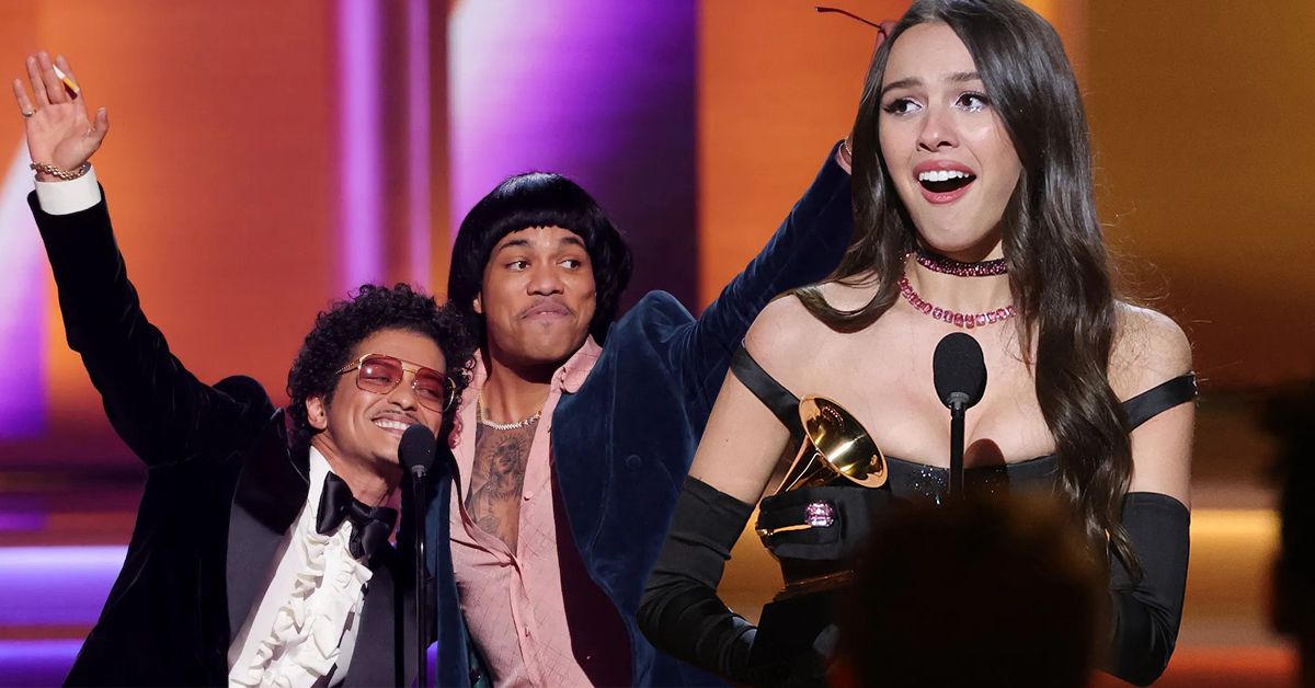 Silk Sonic celebrate one of their Grammy wins (left), Olivia Rodrigo celebrates her Grammy win (right)