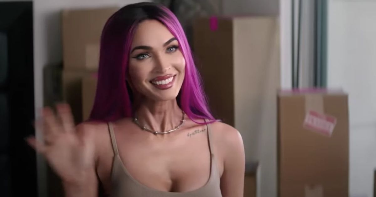 Megan Fox with purple in a scene in the film Good Mourning