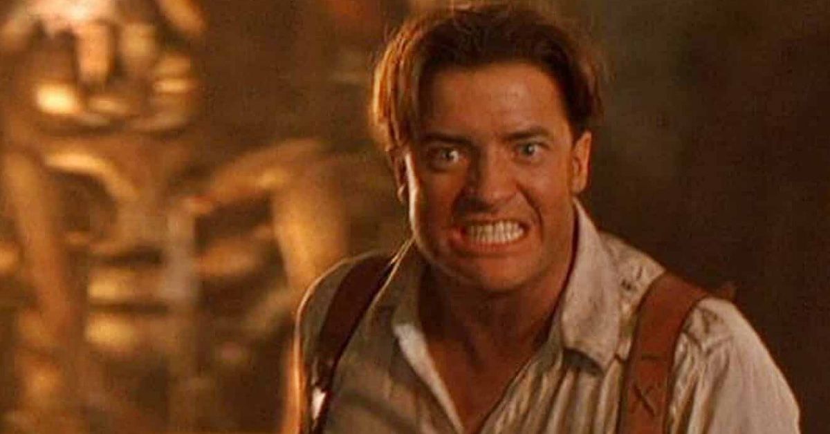 Actor Brendan Fraser as Rick O'Connell in 'The Mummy'. He's grinding his teeth and looking ahead.