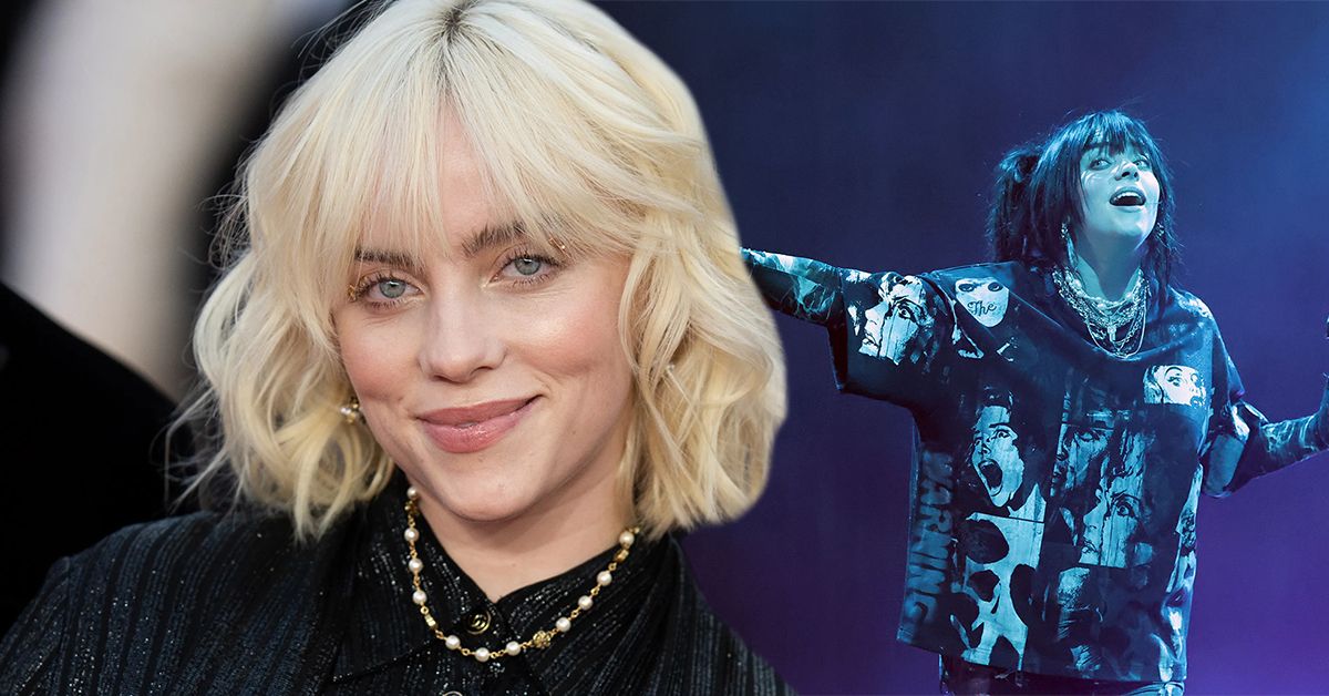 Billie Eilish with platinum blonde hair smiling at the camera