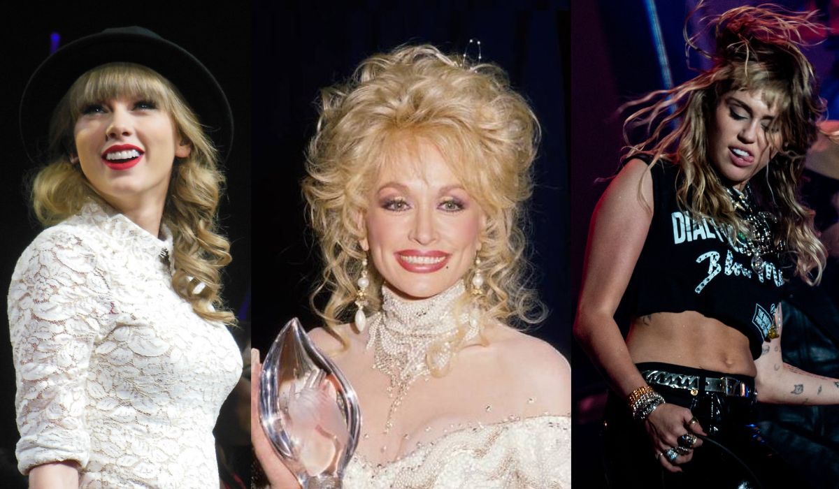 Collage of Taylor Swift, Dolly Parton, and Miley Cyrus 