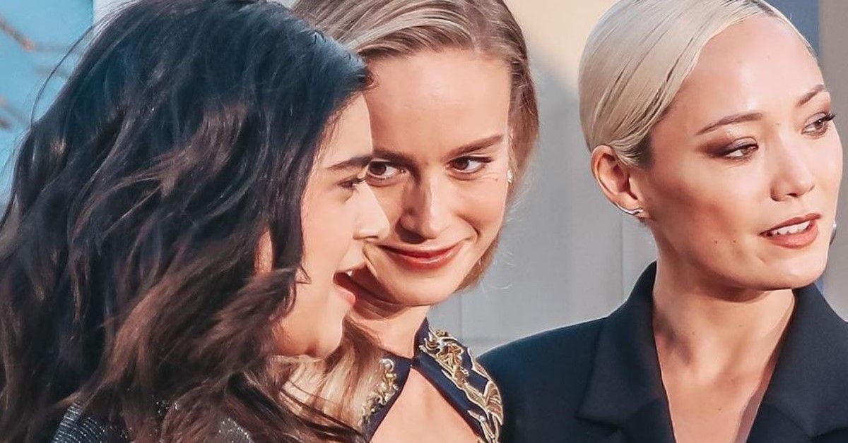 Iman Vellani pictured with fellow Marvel actresses Brie Larson and Pom Klementieff