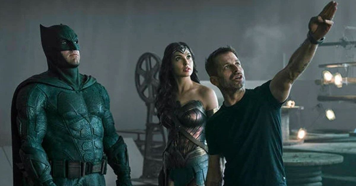 Zack Snyder on the set of Justice League with Ben Affleck and Gal Gadot 