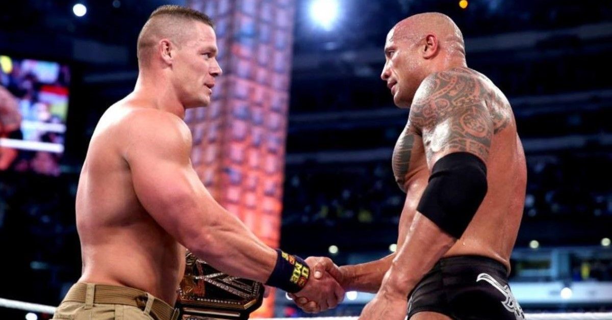 John Cena and Dwayne Johnson pictured following a WWE match
