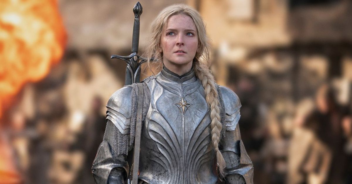 Actress Morfydd Clark wears an armour and carries a sword on her back as Galadriel in a scene of The Lord of the Rings: The Rings of Power.