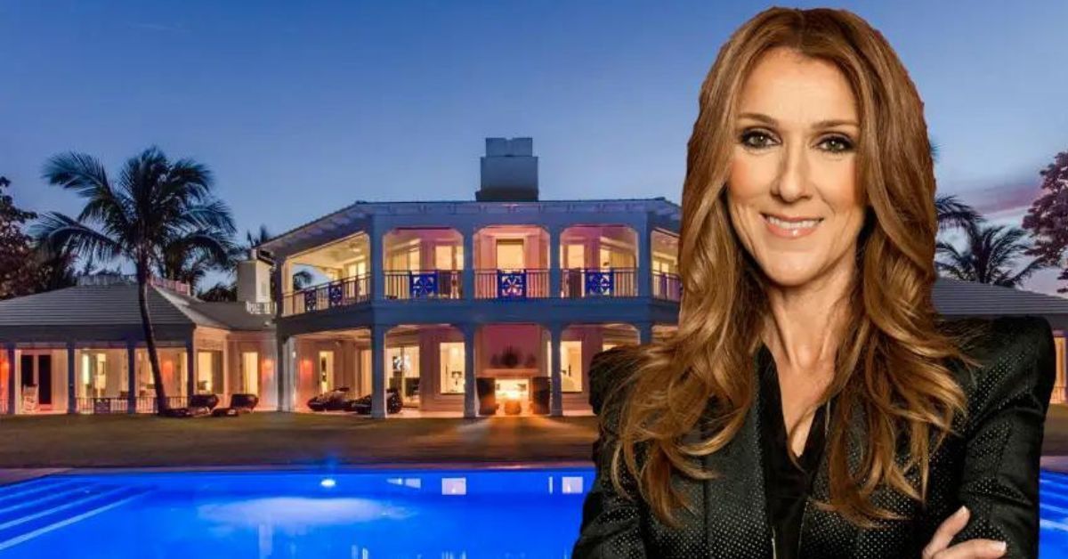 Celine Dion Smiling Forefront Blonde Brunette Arms Folded Florida Mansion Blue Pool