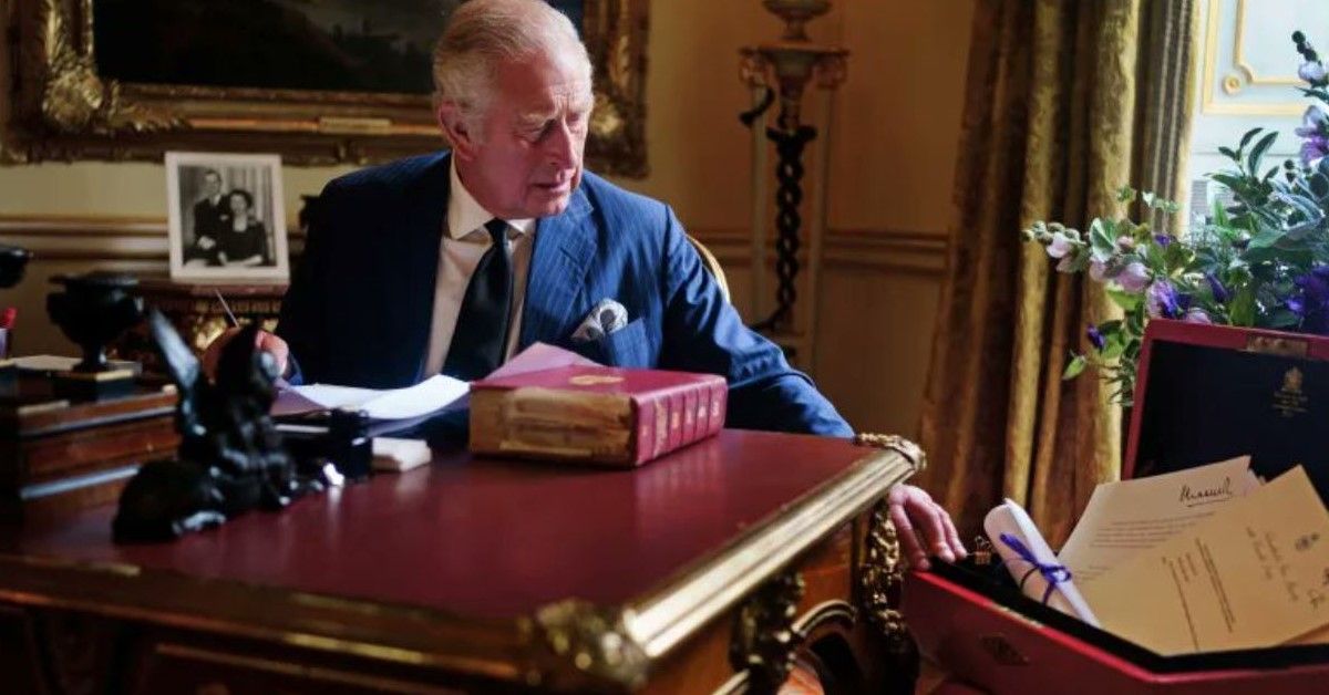 King Charles III pictured in office with the Red Box