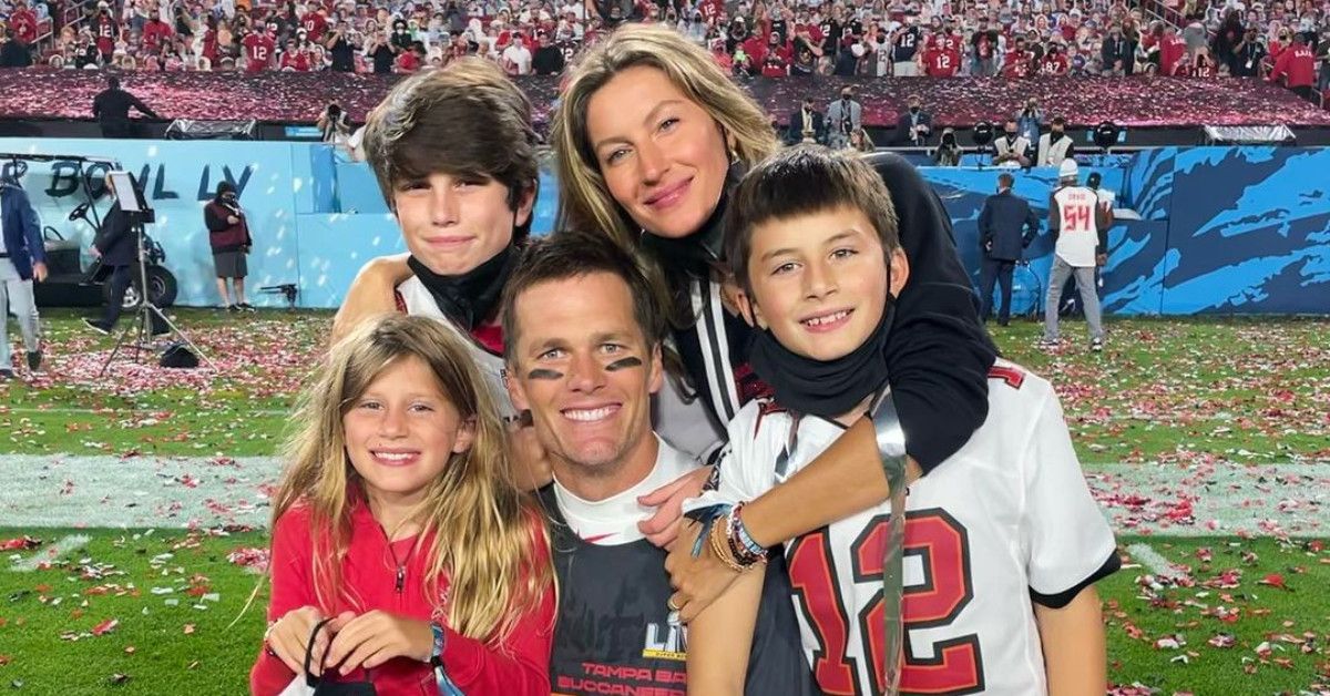 Tom Brady, Gisele Bundchen and kids on the football field