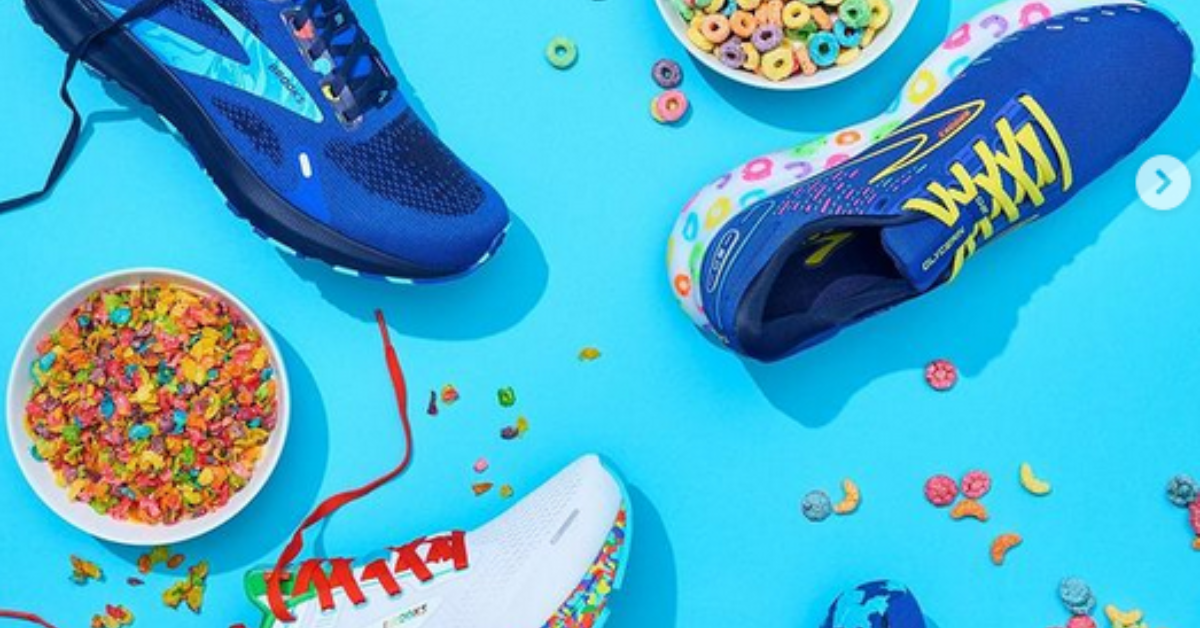 Brooks running shoes, blue and white, fruity pebbles, tossed around
