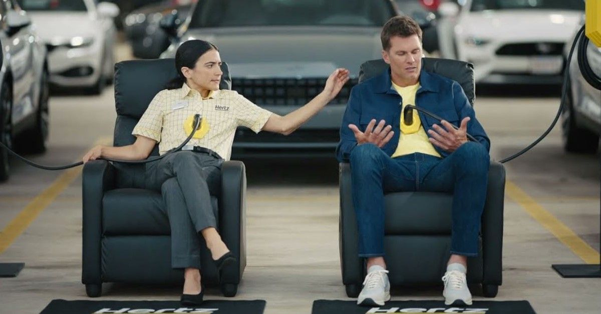 Alyssa Limperis and Tom Brady in still from a Hertz commercial 