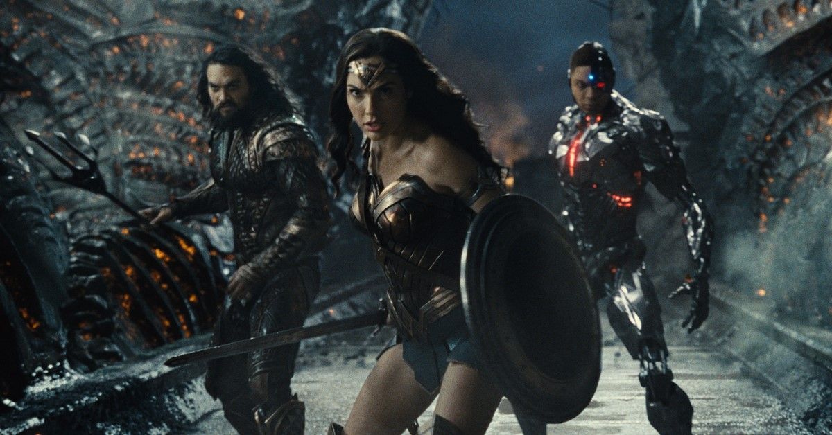 Gal Gadot, Jason Momoa, and Ray Fisher in a still from Justice League 