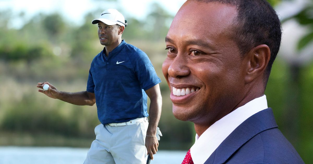Tiger Woods on the golf course and smiling in a suit