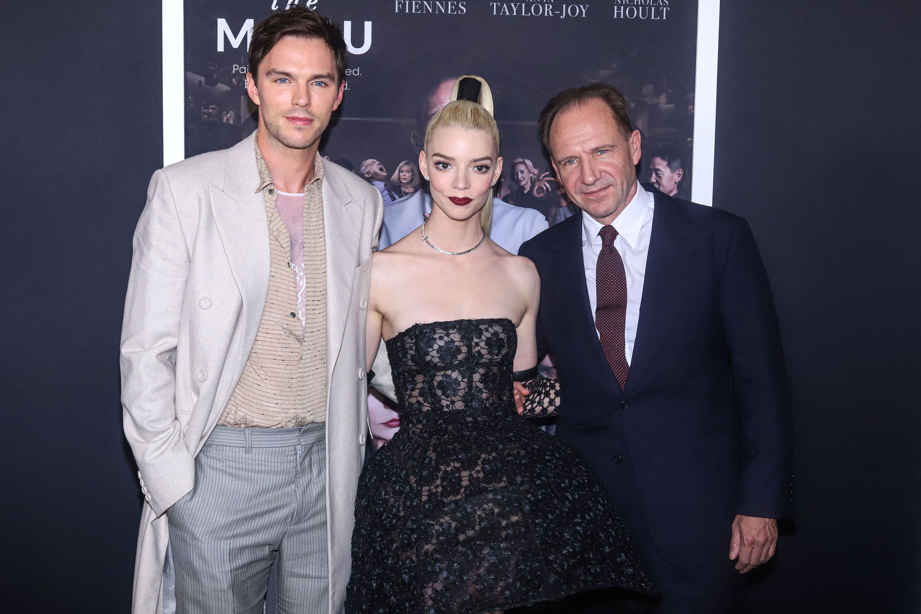Nicholas Hoult, Anya Taylor-Joy and Ralph Fiennes on red carpet for The Menu