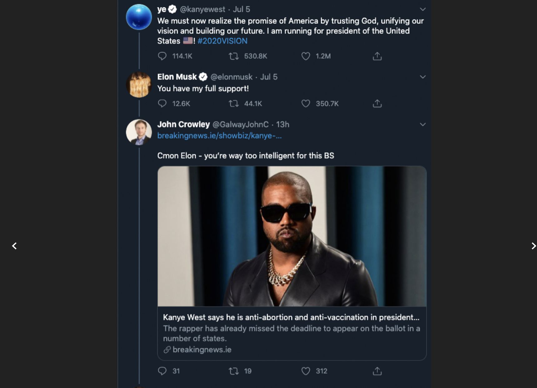 Screen shot of Elon Musk tweeting Kanye West