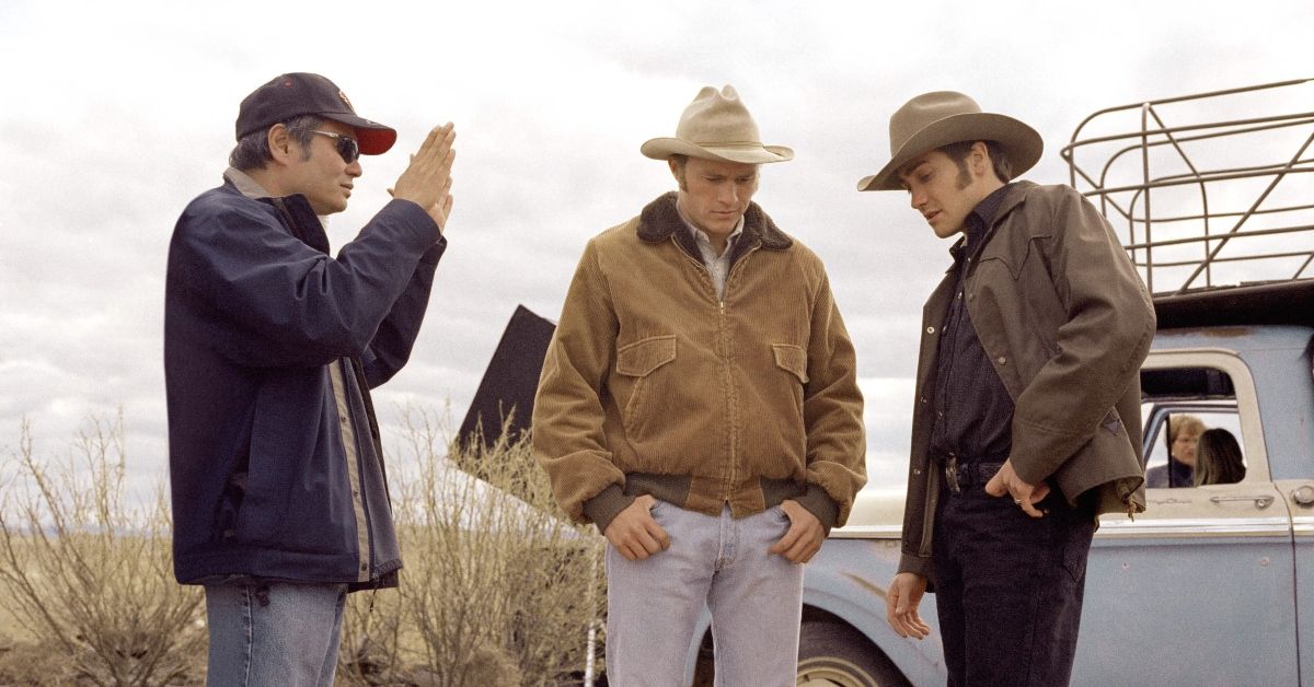 Ang Lee directing Heath Ledger and Jake Gyllenhaal on set of Brokeback Mountain