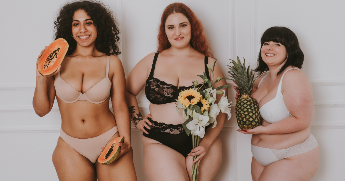Three models in fruit underwear