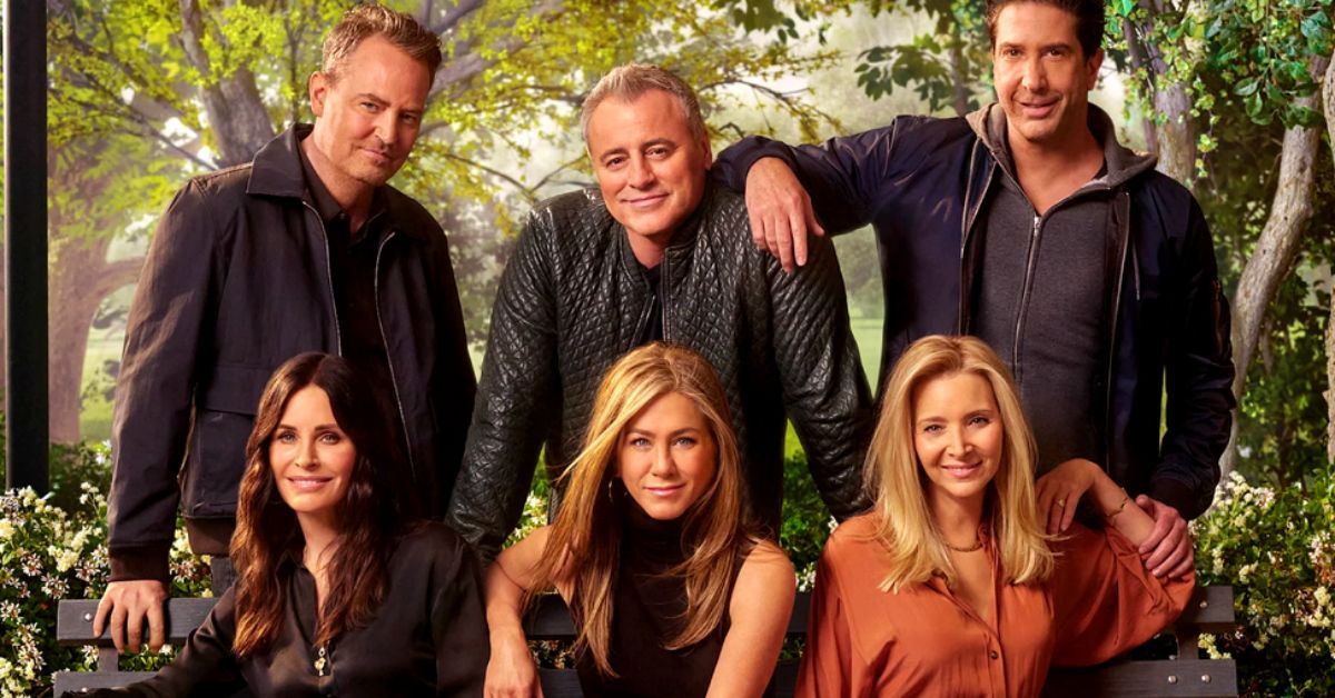 Friends Reunion photoshoot showing Jennifer Aniston, David Schwimmer, Lisa Kudrow, Matt LeBlanc, Matthew Perry, and Courtney Cox