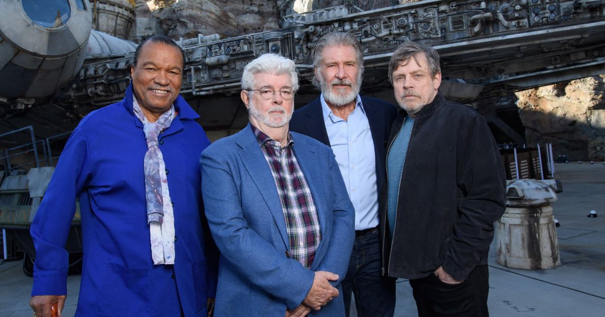 George Lucas, Mark Hamill, Billy Dee Williams, and Harrison Ford at Star Wars event