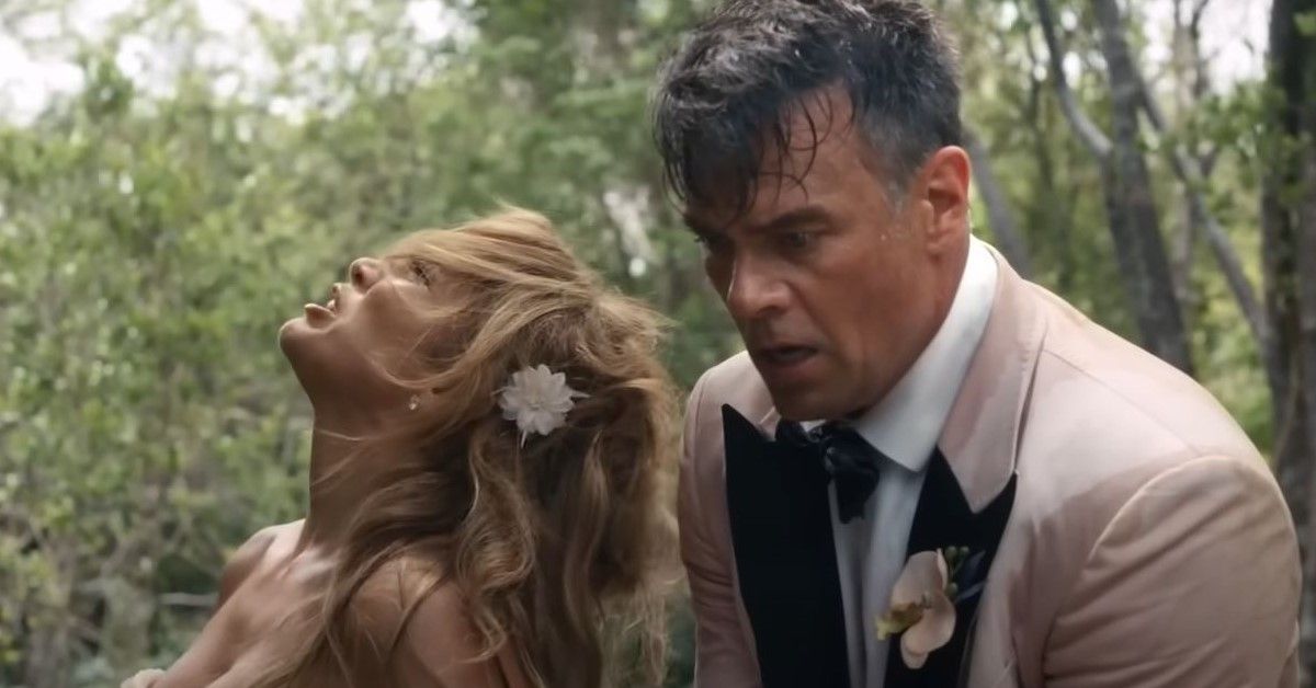 Jennifer Lopez and Josh Duhamel in a scene from Shotgun Wedding 